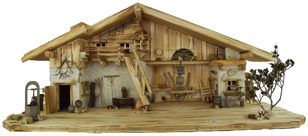 Stimmungsvolle Weihnachtskrippe Gotthard hell inkl. 24-tlg. Figurensatz K 002, Maße Krippe: ca. 90 x 40 x 40 cm